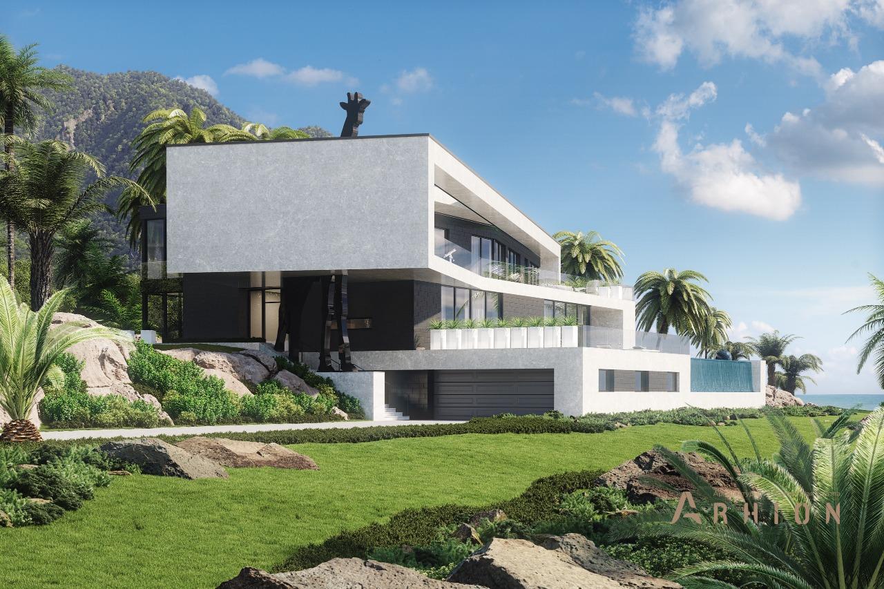 2. Проект двухэтажного дома в стиле минимализм с плоской кровлей , m-386, площадью - 679 кв c цокольным этажом, сауной, терассой, балконом, гаражом, бассейном, вторым светом